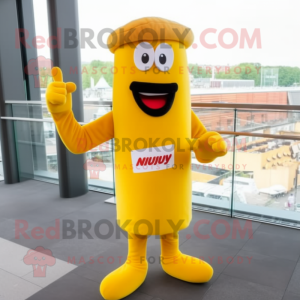 Yellow Currywurst mascot costume character dressed with a Henley Tee and Berets