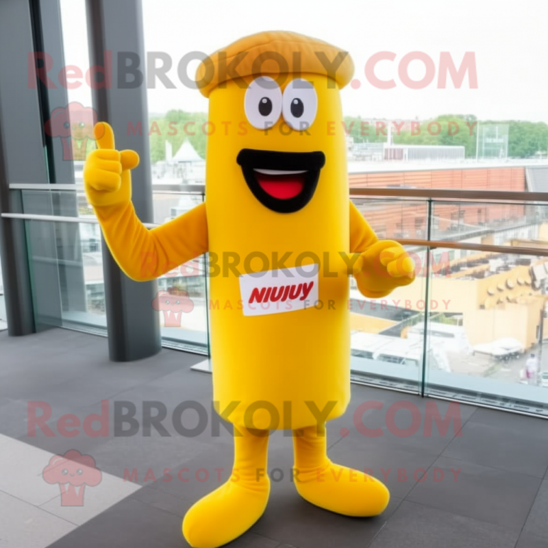 Yellow Currywurst mascot costume character dressed with a Henley Tee and Berets Yellow Currywurst mascot costume character dressed with a Henley Tee and Berets