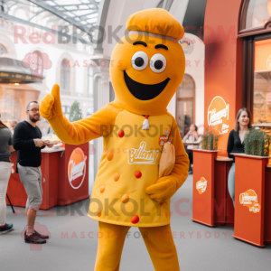 Yellow Currywurst mascot costume character dressed with a Henley Tee and Berets