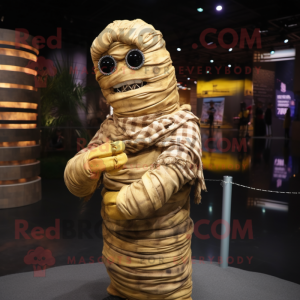 Gold Mummy mascot costume character dressed with a Flannel Shirt and Bracelets