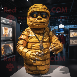 Gold Mummy mascot costume character dressed with a Flannel Shirt and Bracelets