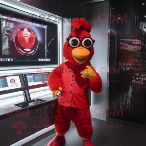 Red Chicken mascot costume character dressed with a Bodysuit and Digital watches