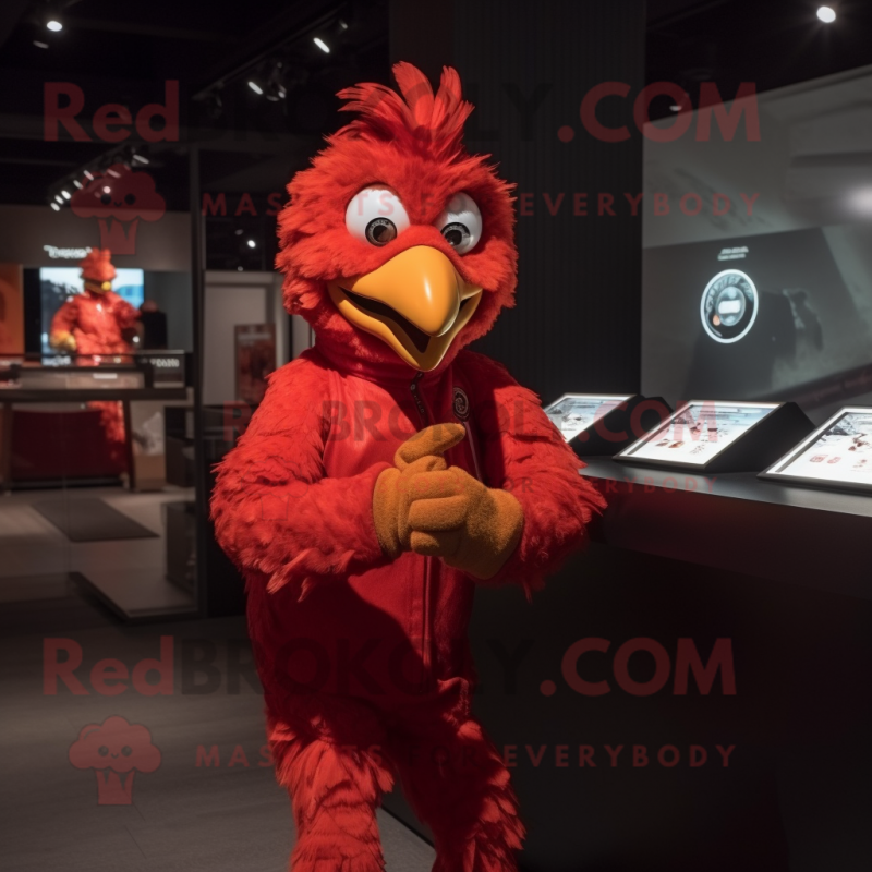 Red Chicken mascot costume character dressed with a Bodysuit and Digital watches Red Chicken mascot costume character dressed with a Bodysuit and Digital watches