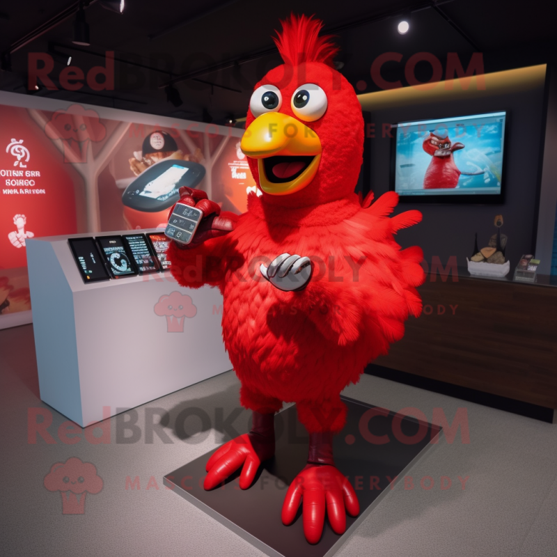 Red Chicken mascot costume character dressed with a Bodysuit and Digital watches Red Chicken mascot costume character dressed with a Bodysuit and Digital watches