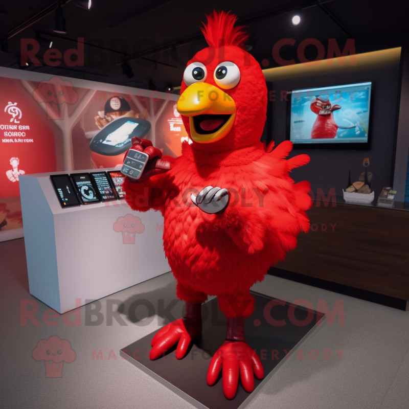 Red Chicken mascot costume character dressed with a Bodysuit and Digital watches