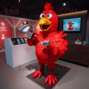Red Chicken mascot costume character dressed with a Bodysuit and Digital watches