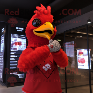 Red Chicken mascot costume character dressed with a Bodysuit and Digital watches