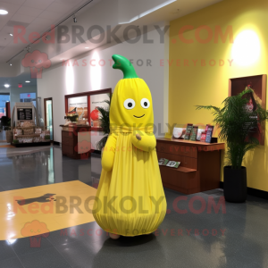 Yellow Zucchini mascot costume character dressed with a Empire Waist Dress and Tote bags