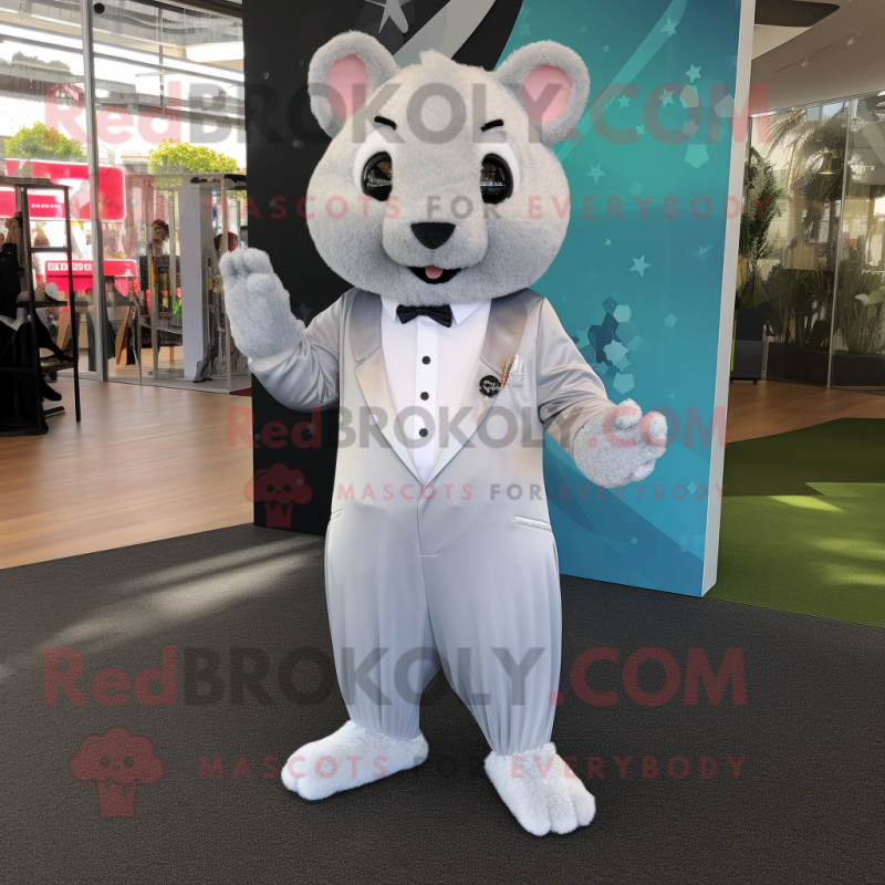 Silver Hamster mascot costume character dressed with a Suit Pants and Foot pads