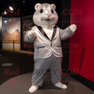 Silver Hamster mascot costume character dressed with a Suit Pants and Foot pads