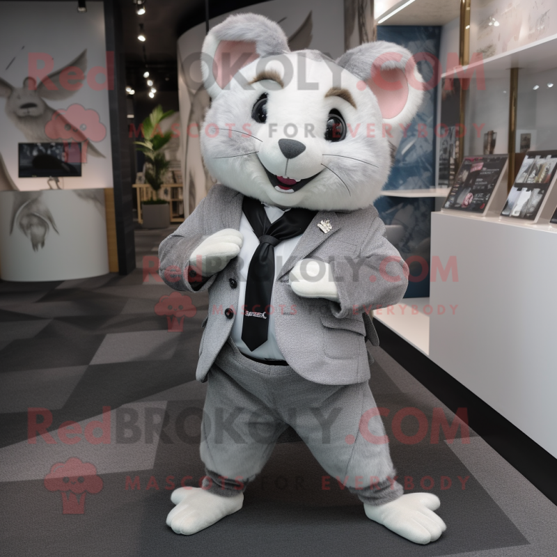 Silver Hamster mascot costume character dressed with a Suit Pants and Foot pads