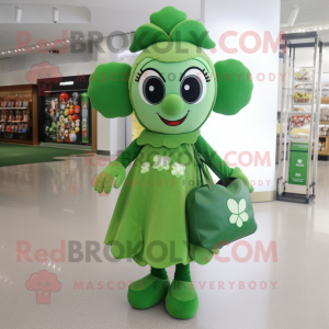 Olive Four Leaf Clover mascot costume character dressed with a Mini Dress and Tote bags