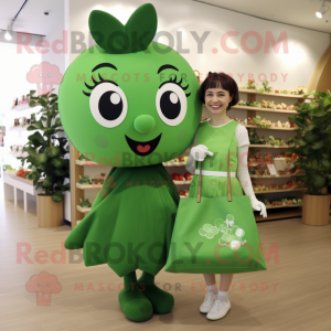 Olive Four Leaf Clover mascot costume character dressed with a Mini Dress and Tote bags