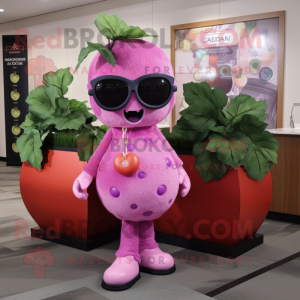 Pink Grape mascot costume character dressed with a Shift Dress and Sunglasses