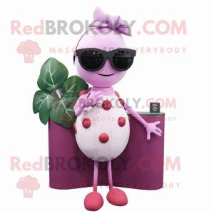 Pink Grape mascot costume character dressed with a Shift Dress and Sunglasses