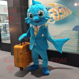 Cyan Goldfish mascot costume character dressed with a Dress and Briefcases