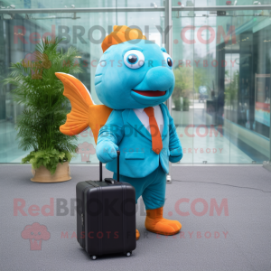 Cyan Goldfish mascot costume character dressed with a Dress and Briefcases