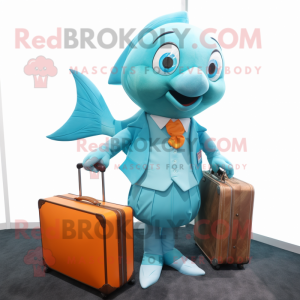 Cyan Goldfish mascot costume character dressed with a Dress and Briefcases