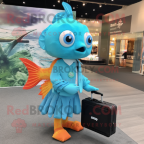 Cyan Goldfish mascot costume character dressed with a Dress and Briefcases