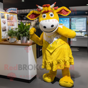 Lemon Yellow Guernsey Cow mascot costume character dressed with a Maxi Skirt and Wallets