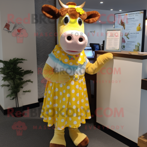 Lemon Yellow Guernsey Cow mascot costume character dressed with a Maxi Skirt and Wallets