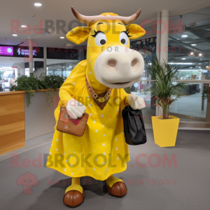 Lemon Yellow Guernsey Cow mascot costume character dressed with a Maxi Skirt and Wallets
