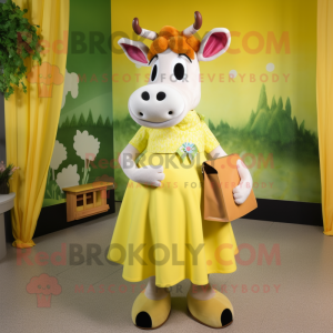 Lemon Yellow Guernsey Cow mascot costume character dressed with a Maxi Skirt and Wallets