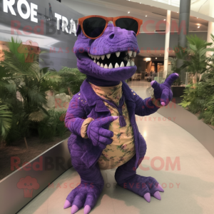 Purple T Rex mascot costume character dressed with a Mini Dress and Sunglasses