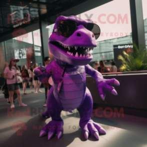 Purple T Rex mascot costume character dressed with a Mini Dress and Sunglasses