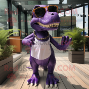 Purple T Rex mascot costume character dressed with a Mini Dress and Sunglasses