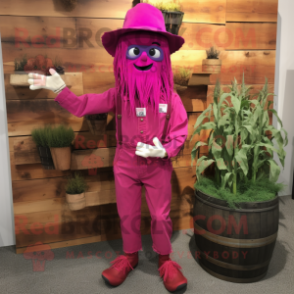 Magenta Scarecrow mascot costume character dressed with a Flare Jeans and Cufflinks