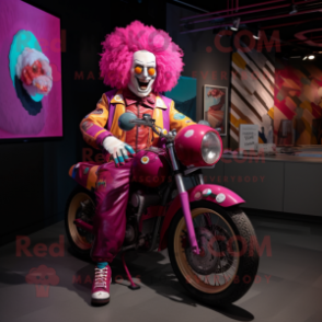 Magenta Clown mascot costume character dressed with a Moto Jacket and Headbands