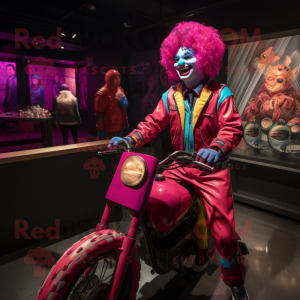 Magenta Clown mascot costume character dressed with a Moto Jacket and Headbands