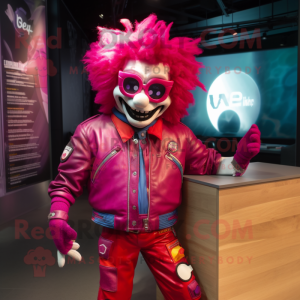 Magenta Clown mascot costume character dressed with a Moto Jacket and Headbands