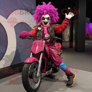 Magenta Clown mascot costume character dressed with a Moto Jacket and Headbands