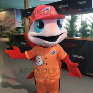 Peach Barracuda mascot costume character dressed with a Rash Guard and Berets