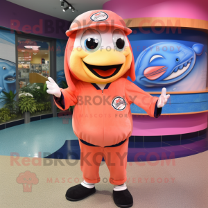 Peach Barracuda mascot costume character dressed with a Rash Guard and Berets