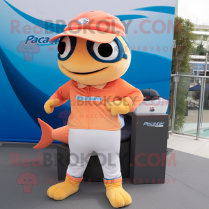 Peach Barracuda mascot costume character dressed with a Rash Guard and Berets