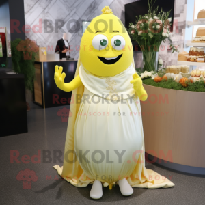 Lemon Yellow Falafel mascot costume character dressed with a Wedding Dress and Necklaces