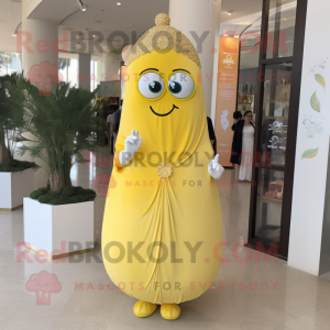 Lemon Yellow Falafel mascot costume character dressed with a Wedding Dress and Necklaces