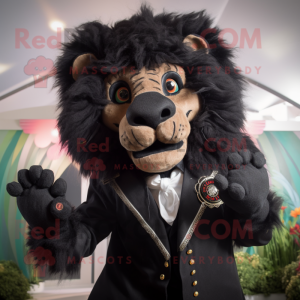 Black Tamer Lion mascot costume character dressed with a Waistcoat and Rings