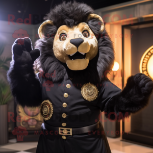 Black Tamer Lion mascot costume character dressed with a Waistcoat and Rings