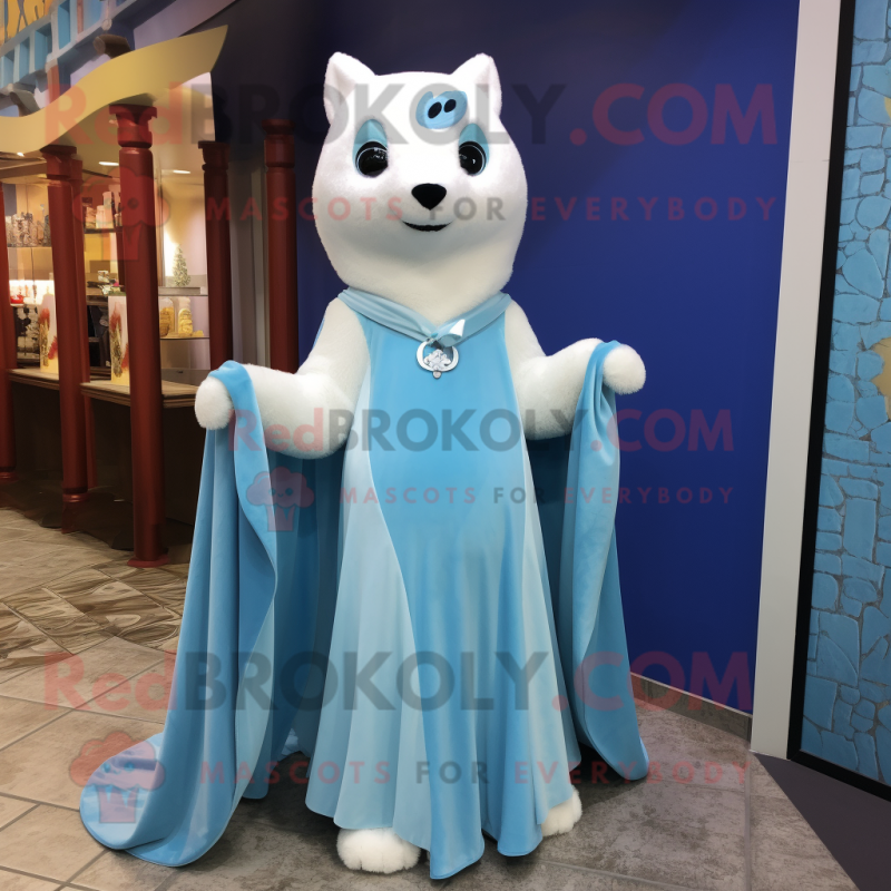 Sky Blue Ermine mascot costume character dressed with a Empire Waist Dress and Shawl pins