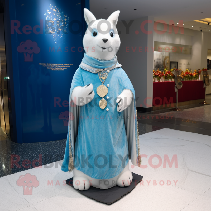 Sky Blue Ermine mascot costume character dressed with a Empire Waist Dress and Shawl pins