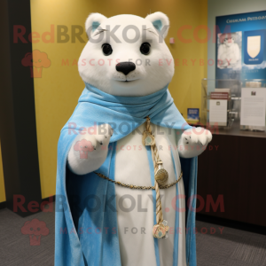 Sky Blue Ermine mascot costume character dressed with a Empire Waist Dress and Shawl pins