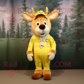 Lemon Yellow Reindeer mascot costume character dressed with a Corduroy Pants and Hat pins