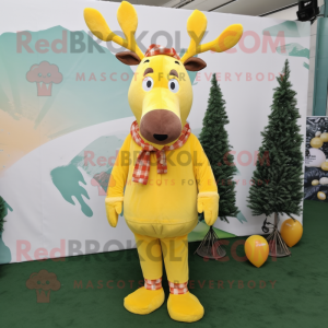 Lemon Yellow Reindeer mascot costume character dressed with a Corduroy Pants and Hat pins