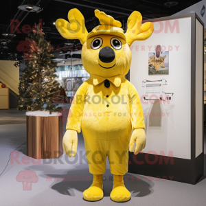 Lemon Yellow Reindeer mascot costume character dressed with a Corduroy Pants and Hat pins