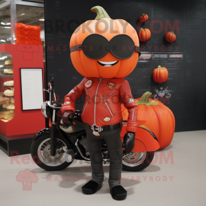 Red Pumpkin mascot costume character dressed with a Biker Jacket and Coin purses