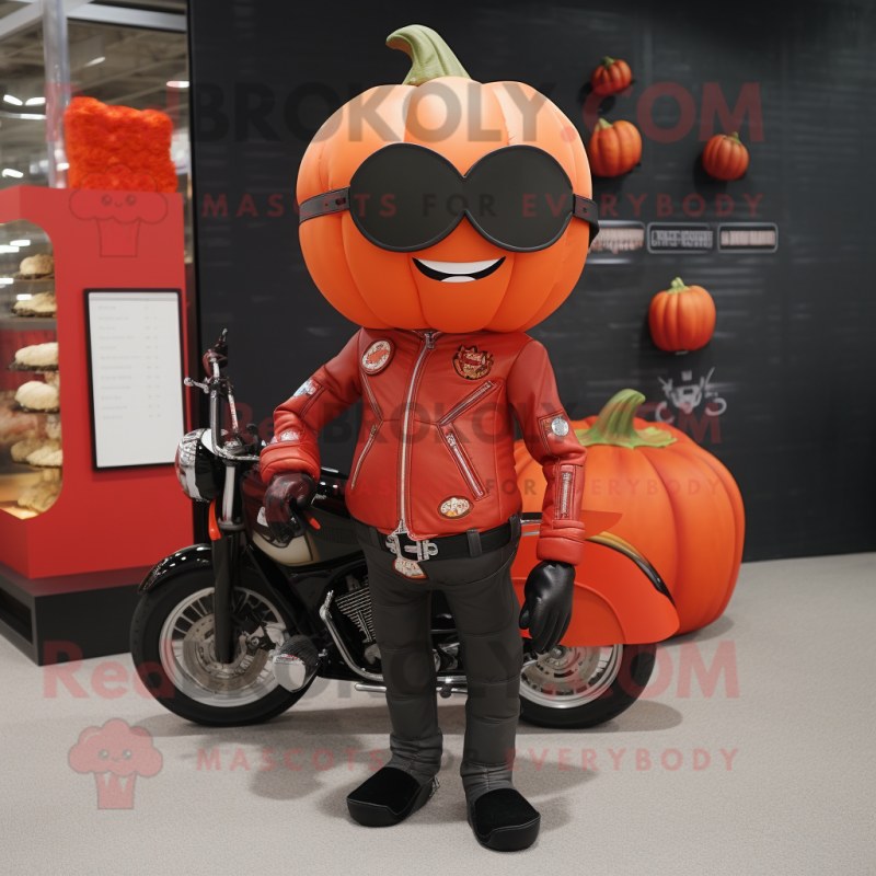 Red Pumpkin mascot costume character dressed with a Biker Jacket and Coin purses Red Pumpkin mascot costume character dressed with a Biker Jacket and Coin purses